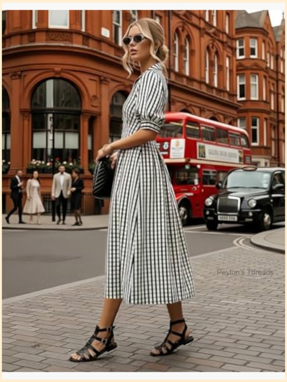 Gingham Puff Sleeve Button Down Midi Dress with Slit Hemline - Picture 3 of 6